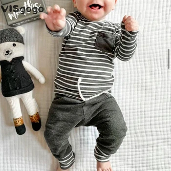 VISgogo Baby Boys Drabužių komplektas ilgomis rankovėmis Įgulos kaklas Dryžuotas džemperis su elastiniu juosmeniu Sportinės kelnės Kūdikių pavasario rudens drabužiai