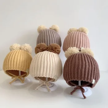 Visi derantys kūdikių skrybėlės rudens ir žiemos vilna Nauja mada Dvigubas kamuolys Vyriškas ir moteriškas kūdikis Megztos ausų apšiltos