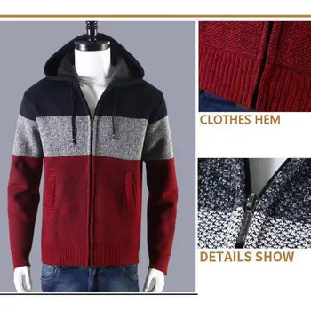 Vyriška striukė Colorblock Megztas vyriškas megztinis su gobtuvu Šiltas stilingas jaukus vidutinio ilgio megztinis paltas žiemos rudens užtrauktukui
