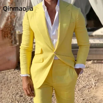 Vyriškas kostiumas Geltonas lino paplūdimys Slim Fit 2Piece vestuvinis jaunikis Smokingas su smailėjančiu atvartu Vyriškos mados laisvalaikio kostiumas su kelnėmis