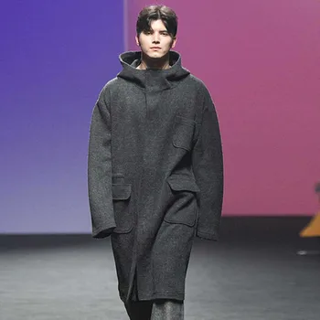 Vyriškas vilnonis paltas su gobtuvu Ruduo ir žiema Naujas laisvas Pilkas Jaunimo laisvalaikio gobtuvas su gobtuvu Paprastas ilgas paltas