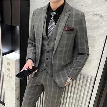 Vyriškų kostiumų komplektas (kostiuminis paltas+tanko viršus +kelnės) Vyrų klasikinis aukštos kokybės kostiumų verslas Slim Fit Groom vestuvinis paltas Oficiali suknelė
