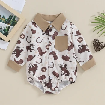 Western Baby Boy Clothes Cow Print Button Down Shirt Lapel Romper Body Suit Fall Apranga 0-18M