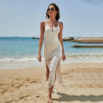 White Crochet Mesh Foldless Slip Wrap Beach Dress 2023 Autumn Woman Sexy Hollow Out Megztas paplūdimio drabužių maudymosi kostiumėlių uždengimas