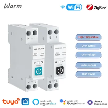 WiFi Tuya ZigBee Smart Circuit Breaker jungiklis su galios matavimu 1P 63A DIN Rail išmaniųjų namų palaikymas SmartLife Alexa Google Home