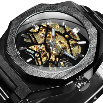 WINNER Black Gold Skeleton Vyriški laikrodžiai Aukščiausio prekės ženklo prabangūs nerūdijančio plieno dirželiai Mada Šviečiantys rankiniai verslo mechaniniai laikrodžiai