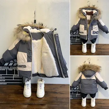 Winter Boys Paltas 2023 Naujas kūdikių kailio apykaklės gobtuvas su gobtuvu ir aksomo storinimas Šilta striukė vaikų paltui 2-8 metų berniukams
