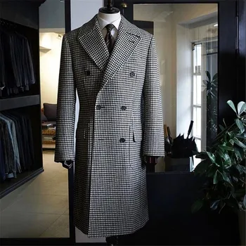 Winter Warm Suit Jackets Men Daily Tweed Woolen Blend Trench Coat Long White/Black
