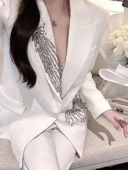 Women Ladies Blazer Luxury Rhinestone Office Verslo oficialios vestuvės Išskirtinis elegantiškas kostiuminis švarkas