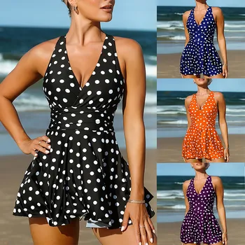 Women's Split Fashion Polka Dot Print Beach maudymosi kostiumėlio ilgo sijono komplektas (2 komplektai su krūtinės padu be plieninės liemenėlės) купальник женский