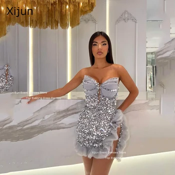 Xijun Sliver Glitter Seksualios mini vakarinės suknelės blizgančios V formos kaklo suknelės be rankovių Prom suknelės šoninis plyšys Gimtadienio vakarėlio suknelės Moterys