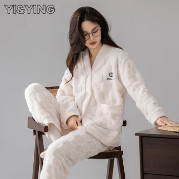 [YI&YING] Koralų aksomo pižama moteriškam žiemos pliušui ir sutirštintai 2023 m. Naujas ruduo/žiema Flanelinio megztinio namų apranga WAZC998