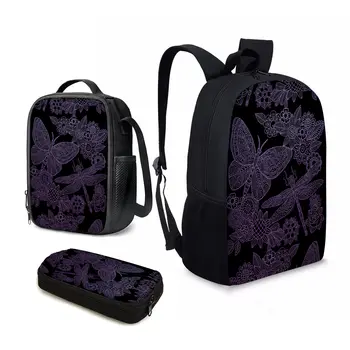 YIKELUO 3D Purple Bohemian Butterfly/Dragonfly Design 3PCS Back To School Gifts for Kids Insect Print Casual Bag Lunch Bag