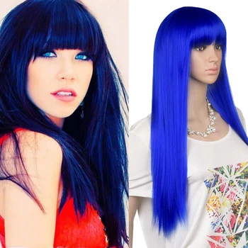 YunRong 26'' Mėlynas sintetinis plaukų perukas su kirpčiukais moterims Aukštos temperatūros pluoštas Ilgi banguoti plaukų perukai Natūrali plaukų linija