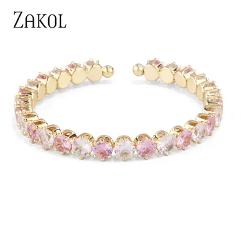 ZAKOL Fashion Geometry Pink Zircon Cuff Bangles for Women Shinny Oval Gold Color Reguliuojama apyrankė Papuošalų dovana
