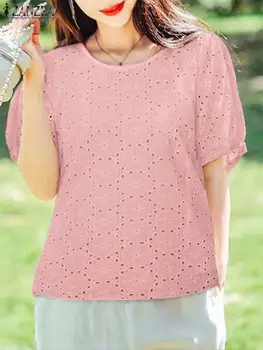 ZANZEA Medvilnė Apvalus kaklas Blusas Holiday Tunikos viršūnėlės trumpomis rankovėmis Siuvinėjimas Laisvalaikio palaidinės Prašmatnios moterys 2023 Vasaros mados marškiniai