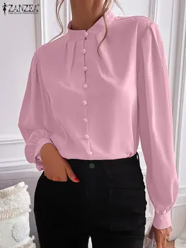 ZANZEA Vintažiniai vienspalviai moteriški madingi marškiniai ilgomis rankovėmis Viršūnės Laisvalaikio stovo apykaklės sagos Chemise 2023 Rudeninė plesuojanti palaidinė