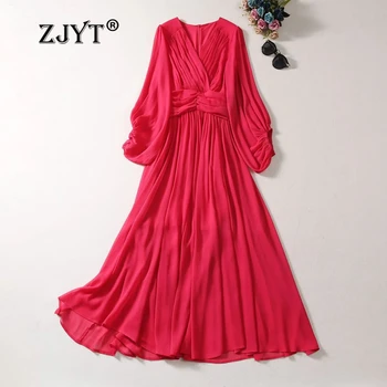 ZJYT Runway Spring Long Suknelės moterims 2024 Elegantiška V kaklo raudona vakarėlio suknelė Ruched Lantern Sleeve Holiday Casual Vestidos chalatas