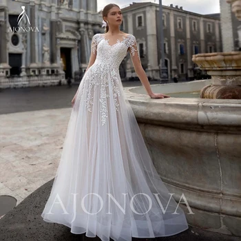 Šampanas Tiulio nuotakos suknelės Vestuvinė suknelė 2024 V Kaklas Nuotakos ilgomis rankovėmis Vestuvinės suknelės bažnyčiai Elegantiška suknelė Moteris Nauja