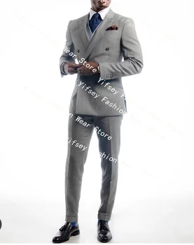 Šviesiai pilka Dvigubos krūtinės įstrižainės kišenės Vyriškas kostiumas Elegantiškas scenografas Boyfriend Slim Fit Vyriškas švarkas Vestuvių ceremonijos suknelė