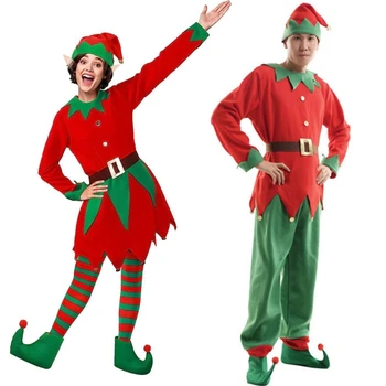 Žalia ir raudona Kalėdų puošni suknelė Apranga Kostiumas Puošni suknelė Suaugę vyrai Moterys Kalėdinis elfo kostiumas Elfo kepurė su ausimis