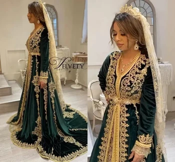 Žalia Maroko Kaftano musulmoniška vakarinė suknelė A-line V-neck ilgomis rankovėmis Aplikacijos Dubajaus arabų Turkija Caftan islamiška suknelė