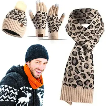 Žieminės kepurės kaklas Šiltesnės pirštinės Komplektas Mielas leopardo raštas Megztukas Šiltas šalikas Pirštinės Šiltos jaukios žiemos dovanos Kaklo šalikai moterims