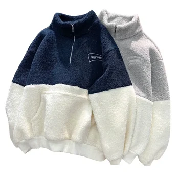 Žiemos šiluma Poliarinės vilnos drabužiai Džemperis Harajuku siuvinėtas pusiau užtrauktukas Moteriški laisvi kišeniniai megztiniai